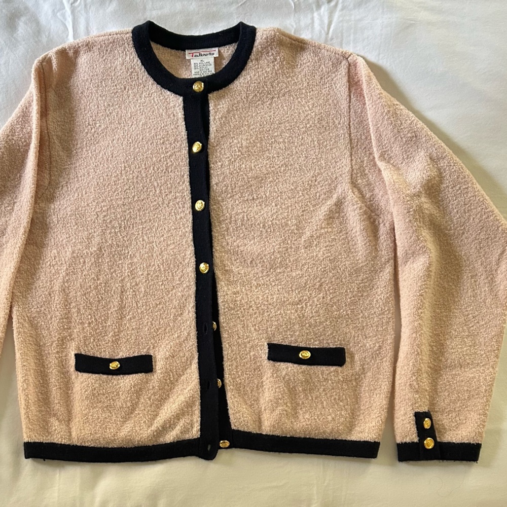 Blush boucle sweater trimmed in navy
